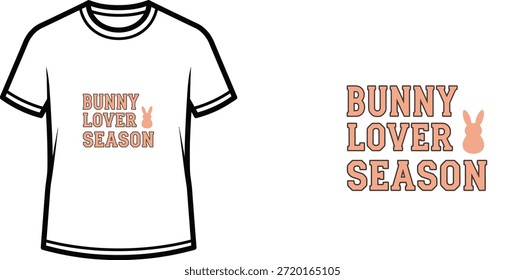 Typografie T-Shirt Design mit "BUNNY LOVER SEASON" Schriftzug; Kunstwerke mit Kaninchenmotiven. einzeln auf weißem Hintergrund