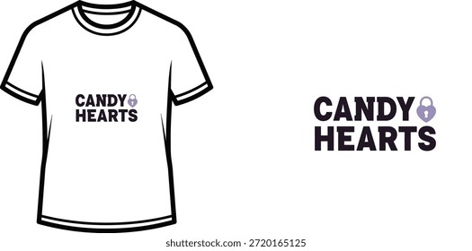 Typografie-T-Shirt-Design mit "CANDY HEARTS"-Schriftzug; T-Shirt-Kunstwerke. einzeln auf weißem Hintergrund