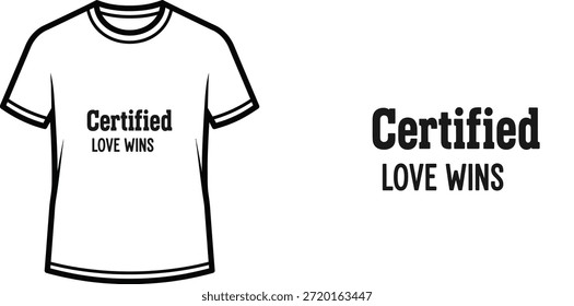 Diseño de la camiseta de la tipografía con las letras "AMOR CERTIFICADO GANA"; ilustraciones temáticas de la camiseta. aislado en el fondo blanco