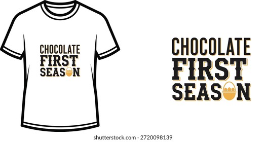 Diseño de la camiseta de la tipografía con letras de "CHOCOLATE FIRST SEASON"; ilustración temática de la camiseta. aislado en el fondo blanco
