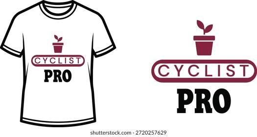 Projeto de t-shirt tipográfica com letras "CYCLIST PRO"; Planta em uma obra de arte com tema de pote. isolado no fundo branco