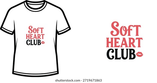 Ein Typografie-T-Shirt-Design mit dem Satz "Soft Heart Club" in drei Linien mit verschiedenen Schriftarten und Farben angeordnet. Das Design besteht aus rosa und schwarzen Schriftzügen, einer fetten Schrift für "Herz" und "Club" und einer kleinen roten Lippe neben "Club". Das Design eignet sich für Print-on-Demand, Bekleidung, Merchandise und Kleidung.