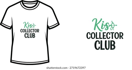 Um design de t-shirt tipográfica com o slogan "Kiss Collector Club" em uma mistura de script e estilos de fonte em negrito. Essa ilustração vetorial é adequada para produtos impressos sob demanda, como vestuário, mercadorias, cartazes e cartões comemorativos.