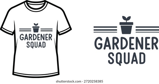 Diseño de la camiseta de la tipografía con las letras del "ESCUADRÓN DEL JARDÍN"; Obra de arte temática de la planta en maceta. aislado en el fondo blanco