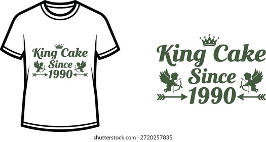 Diseño de la camiseta de la tipografía con la letra de la "torta del rey desde 1990"; Cupido con las ilustraciones temáticas de las flechas...