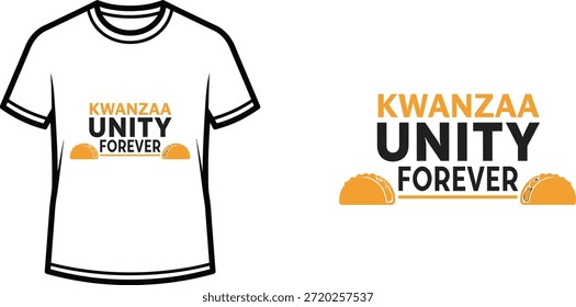 Diseño de camiseta de tipografía con letras "KWANZAA UNITY FOREVER"; ilustración temática de camiseta. aislado sobre fondo blanco