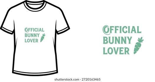Diseño de camiseta de tipografía con letras "OFFICIAL BUNNY LOVER"; Obra de arte temática de zanahoria. aislado sobre fondo blanco