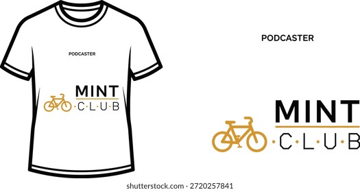 Typography t-shirt design with "PODCASTER MINT CLUB" lettering; Bicycle themed artwork. isolated on white background