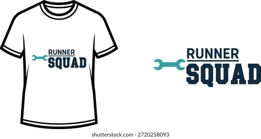 Typografie-T-Shirt-Design mit "RUNNER SQUAD"-Schriftzug; T-Shirt-Kunstwerke. einzeln auf weißem Hintergrund