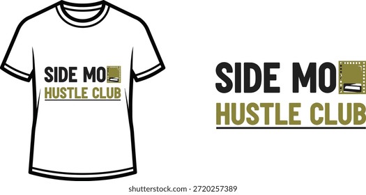 Design de t-shirt tipográfica com letras "SIDE MO HUSTLE CLUB"; T-shirt temático trabalho artístico. isolado no fundo branco