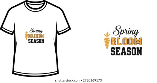 Typografie-T-Shirt-Design mit "Spring Bloom Season"-Schriftzug; Kunstwerke zum Thema Karotten. einzeln auf weißem Hintergrund