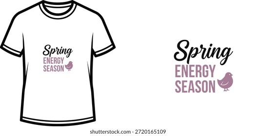 Projeto de t-shirt tipográfica com letras "Spring Energy Season"; Pássaro com tema de arte. isolado no fundo branco