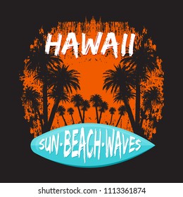 Typography t-shirt print. Hawaii beach illustration with palm and surf board