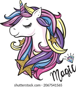 typography unicorn print. Magic background with glitter. for graphic tees, kids textile, clothes, banner, girls, women, child. 