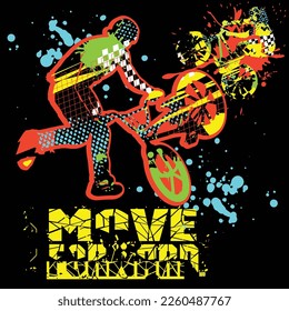 Typography urban style modern t-shirt with boy on bicycle BMX. Sport extreme style illustraton for guys.
