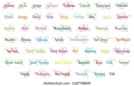 Typography of The USA States Name Colorful Handwriting Illustration on White Background. Modern Calligraphy Element for your design.