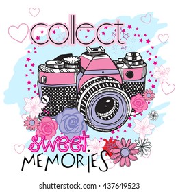 Typography vector graphic print for t -shirt witn camera and flowers . fashion illustration . 