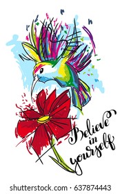 Typography vector graphic print for t-shirt with hummingbird with flower
