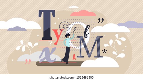 Typography vector illustration. Flat tiny writing technique person concept. Artistic text typing for cover. Calligraphy knowledge as geometric handwriting skill. Creative and unique message font style