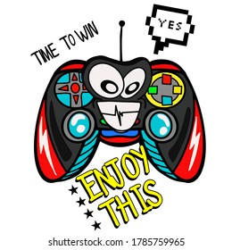 Typography Vector monster joysticks gamepad illustration with slogan. bright print for prints, clothes, t shirt, child or wrapping  paper. Creative kids original design 