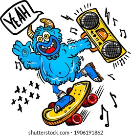 Typography Vector monster on skate illustration with slogan. bright print for prints, clothes, t shirt, child or wrapping  paper. Creative kids original design 