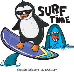 Typography vector print with Penguin on the surf. fun kids bacground for textile, card, t shirt print