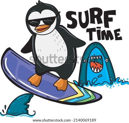 Typography vector print with Penguin on the surf. fun kids bacground for textile, card, t shirt print