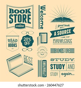 Typography vector set of vintage design elements for bookstore or library (without grunge effect).