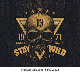 Typography vintage tee print design. Black and white skull. Vector illustration.