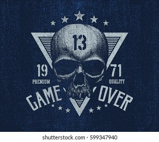 Typography vintage tee print design. Black and white skull. Vector illustration.