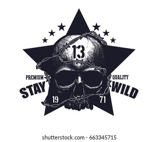 Typography vintage tee print design. Black and white skull. Great for concert poster or music album cover of rock band.