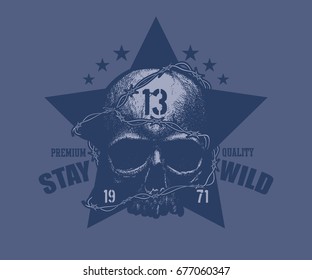 Typography vintage tee print design. Black and white skull. Great for concert poster or music album cover of rock band.