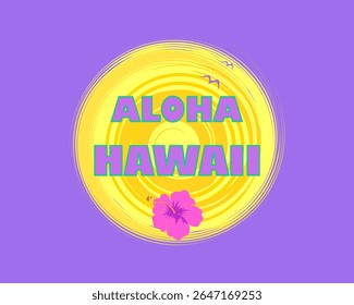 Banner violeta tipográfico com sol amarelo quente e letras Aloha Hawaii