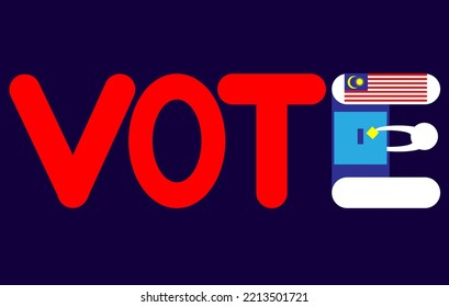 Tipografía 'Vote', campaña electoral general en Malasia con el concepto de vector de personas votando en centro de votación.