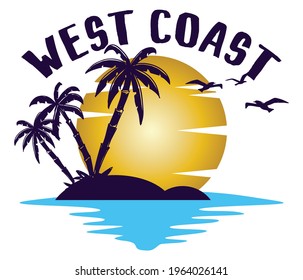 typography West coast slogan with  sunset illustration