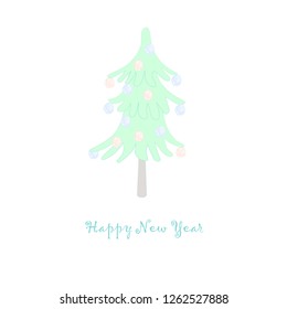 Typography winter holiday banner Merry Christmas, green Christmas tree, pink, blue ball on christmas tree, scandinavian style design element for web, for print, textile, t-shirt print