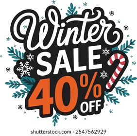 Typography Winter Sale 40% Off simple template background Vector illustration.