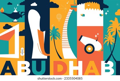 Typography word Abu Dhabi branding technology concept. Collection of flat vector web icons. Arabian culture travel set, architectures, specialties detailed silhouette. Doodle famous landmarks.
