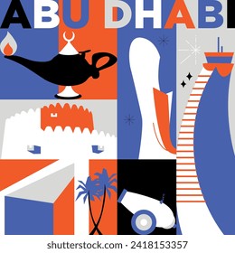 Typography word Abu Dhabi branding technology concept. Collection of flat vector web icons. Arabian culture travel set, architectures, specialties detailed silhouette. Doodle famous landmarks.
