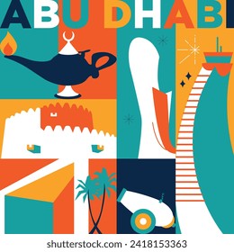 Typography word Abu Dhabi branding technology concept. Collection of flat vector web icons. Arabian culture travel set, architectures, specialties detailed silhouette. Doodle famous landmarks.
