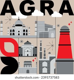 Typography word Agra branding technology concept. Collection of flat vector web icons. Indian culture travel set, architectures, specialties detailed silhouette. Doodle Asian famous landmarks