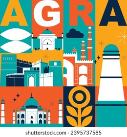 Typography word Agra branding technology concept. Collection of flat vector web icons. Indian culture travel set, architectures, specialties detailed silhouette. Doodle Asian famous landmarks