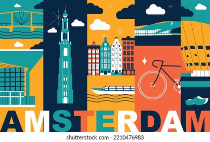 Typografía palabra Ámsterdam branding concepto de tecnología. Colección de iconos web vectoriales planos. Establecimiento de viajes culturales, famosas arquitecturas, silueta de especialidades. Marca europea de referencia, pantalla de vídeo partida