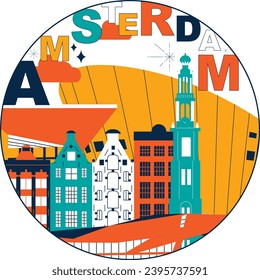 Typography word Amsterdam branding technology concept. Collection flat vector web icons. Culture travel set, famous architectures, specialties silhouette. European famous landmark, split video screen
