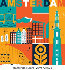 Typography word Amsterdam branding technology concept. Collection flat vector web icons. Culture travel set, famous architectures, specialties silhouette. European famous landmark, split video screen