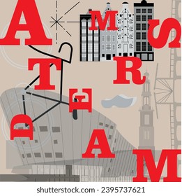 Typography word Amsterdam branding technology concept. Collection flat vector web icons. Culture travel set, famous architectures, specialties silhouette. European famous landmark, split video screen