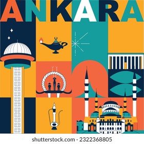 Typography word "Ankara" branding technology concept. Collection of flat vector web icons. Ankara culture travel set, famous architectures and specialties detailed silhouette. Turkish famous landmark.