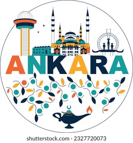 Typography word "Ankara" branding technology concept. Collection of flat vector web icons. Ankara culture travel set, famous architectures and specialties detailed silhouette. Turkish famous landmark.