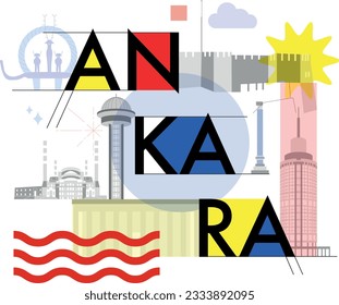 Typography word "Ankara" branding technology concept. Collection of flat vector web icons. Ankara culture travel set, famous architectures and specialties detailed silhouette. Turkish famous landmark.