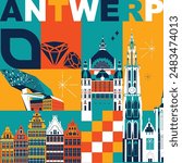 Typography word "Antwerp" branding technology concept. Collection of flat vector web icons. Culture travel set, famous architectures, specialties detailed silhouette. Belgium famous landmark